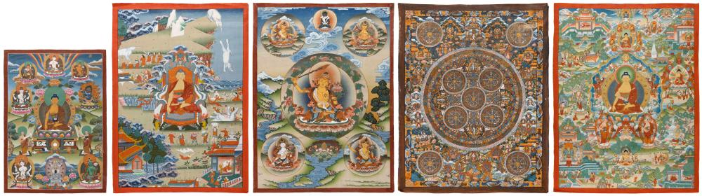 FIVE ASSORTED TIBETAN THANGKAS