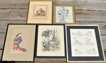 Five assorted vintage artworks,