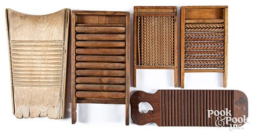 FIVE ASSORTED WOOD WASHBOARDS, 19TH