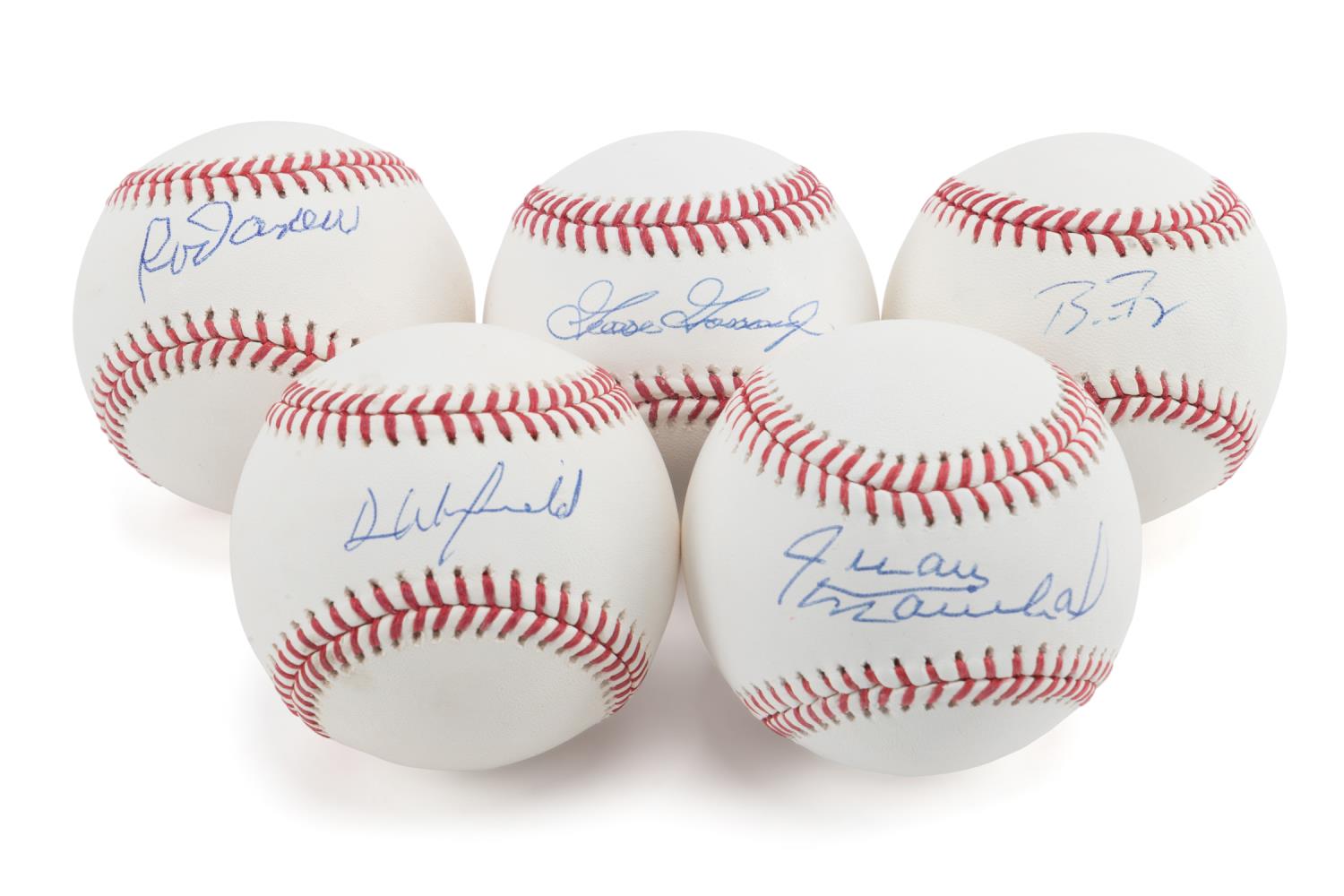 FIVE AUTOGRAPHED HOF BASEBALLS