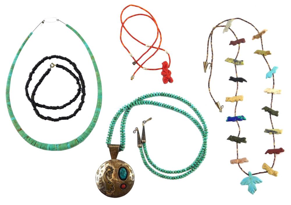 FIVE BEADED NECKLACES: ONE