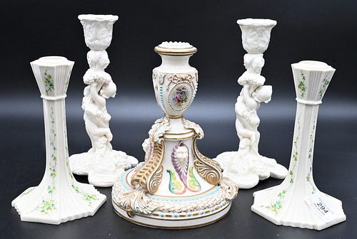 FIVE BELLEEK CANDLESTICKS, TO