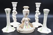 FIVE BELLEEK CANDLESTICKS, TO