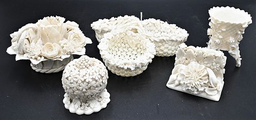 FIVE BELLEEK ENCRUSTED FLOWER