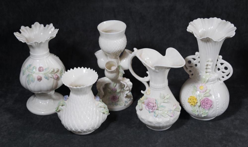 FIVE BELLEEK PORCELAIN ITEMS: