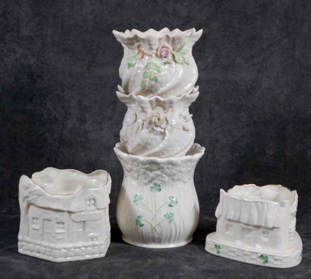 FIVE BELLEEK PORCELAIN ITEMS: THREE
