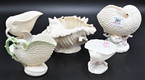 FIVE BELLEEK SHELL FORM PIECES,
