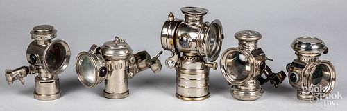 FIVE BICYCLE LAMPS, CA. 1900Five