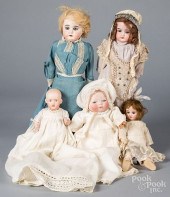 FIVE BISQUE HEAD DOLLSFive bis