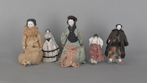 Five bisque molded hair dolls