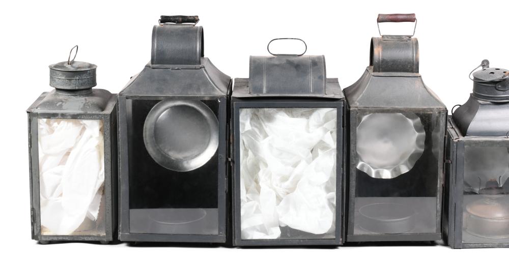 FIVE BLACK METAL LANTERNS