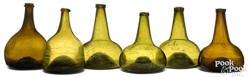 FIVE BLOWN OLIVE SQUAT BOTTLES,
