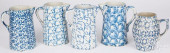 FIVE BLUE SPONGEWARE PITCHERS,