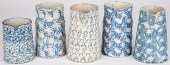 FIVE BLUE STONEWARE PITCHERSFi