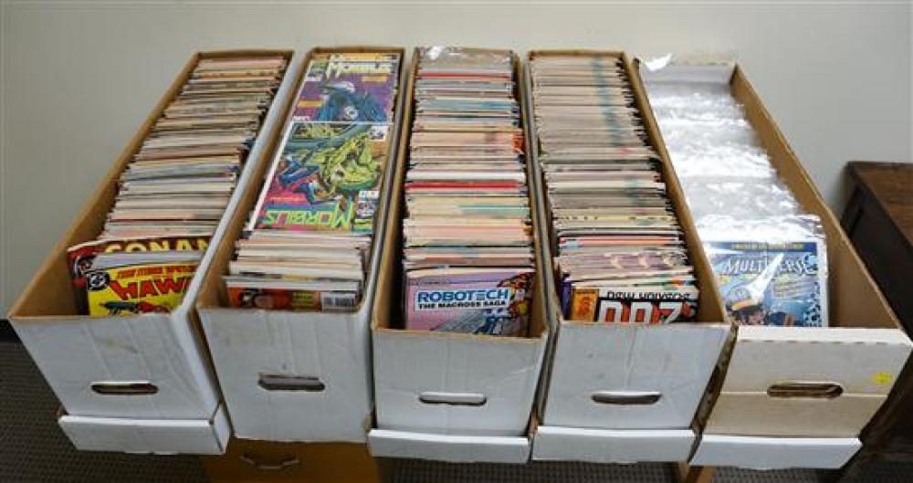 FIVE BOXES WITH MARVEL, DC AND