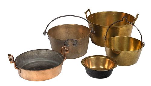 FIVE BRASS COOKING POTSBritish,