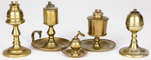 FIVE BRASS FLUID LAMPS, EARLY TO