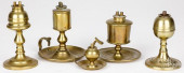 FIVE BRASS FLUID LAMPS, EARLY