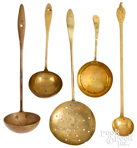 FIVE BRASS LADLES, 19TH C.Five