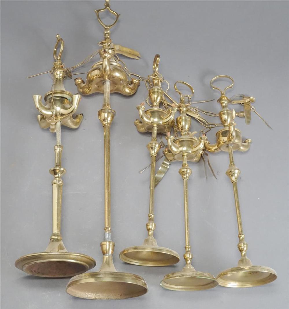 FIVE BRASS WHALE OIL LAMPS WITH