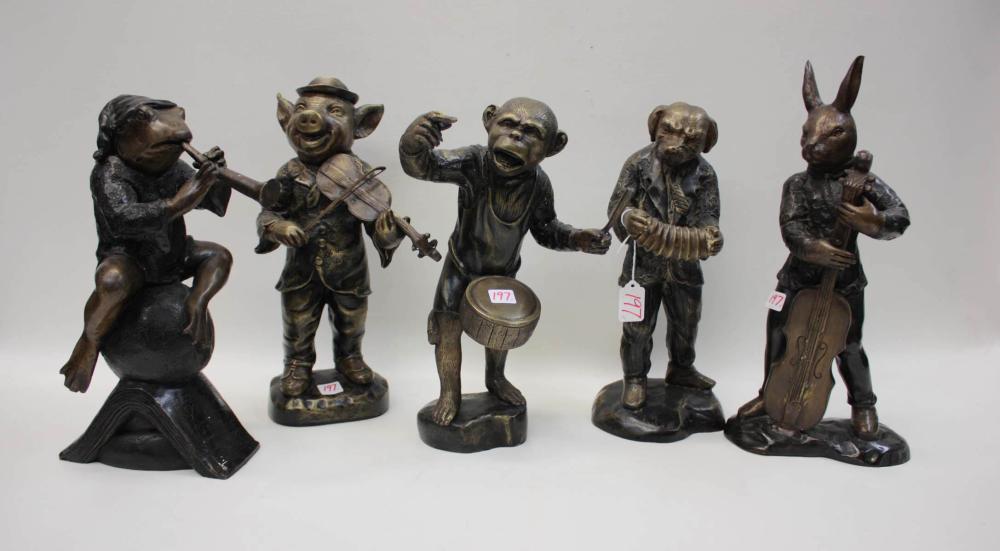 FIVE BRONZE ANIMAL MUSICIANS: