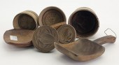 FIVE BUTTER MOLDS AND TWO BUTT