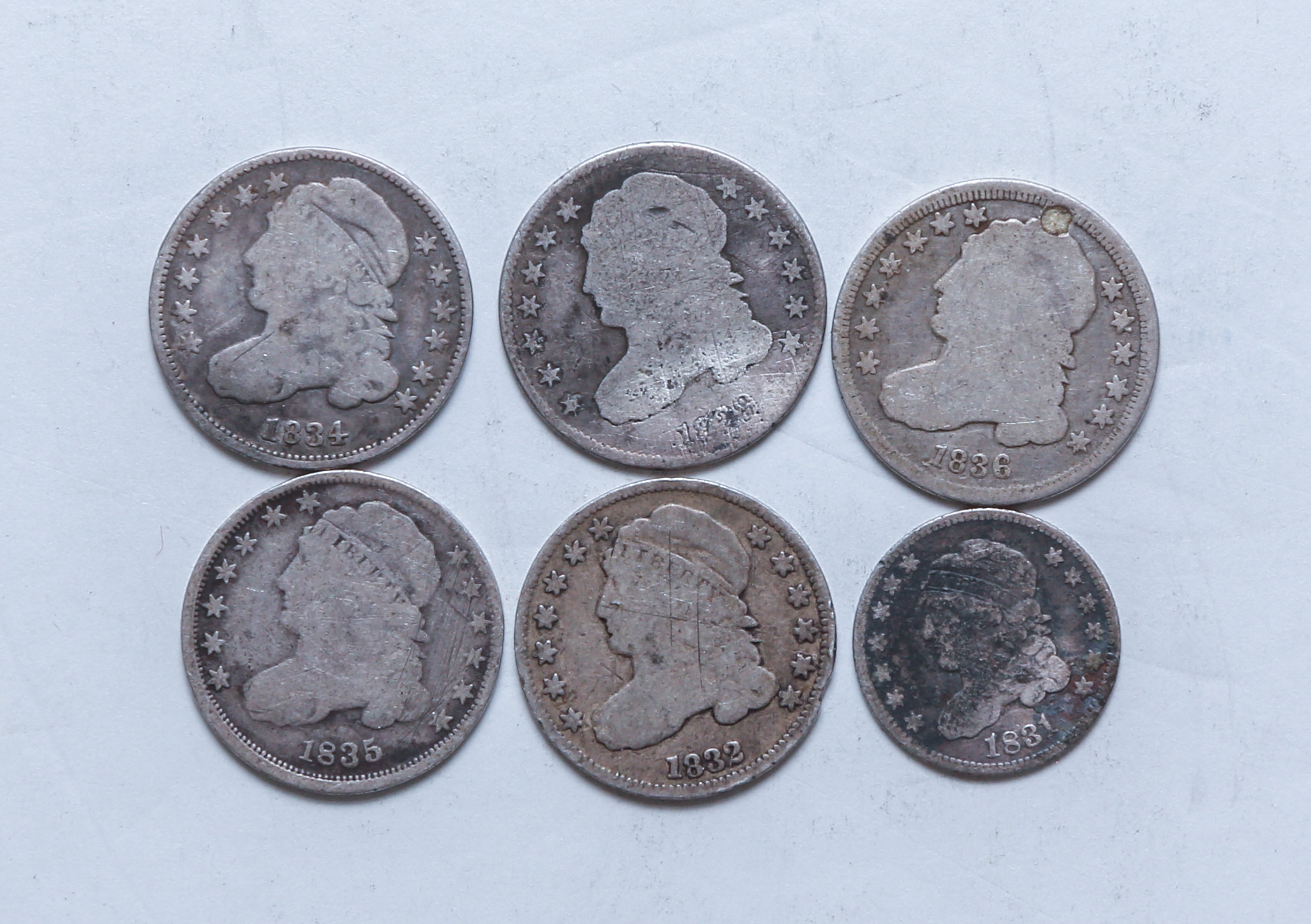 FIVE CAPPED BUST DIMES, 1 BUST HALF