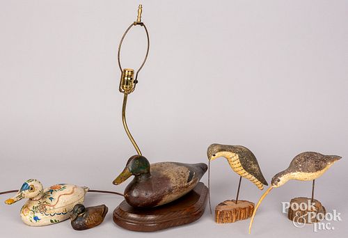FIVE CARVED AND PAINTED DECOYS,
