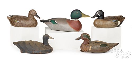 FIVE CARVED AND PAINTED DUCK