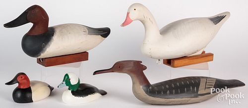 FIVE CARVED AND PAINTED DUCK