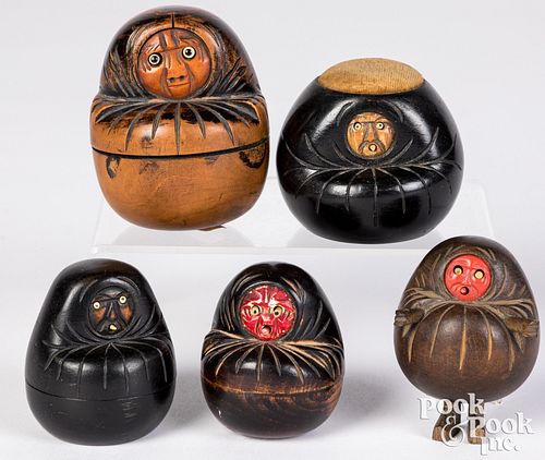 FIVE CARVED AND PAINTED WOOD KOBE