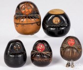 FIVE CARVED AND PAINTED WOOD K