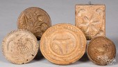 FIVE CARVED BUTTER PRINTS, 19T