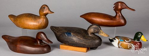 FIVE CARVED DUCK DECOYSFive