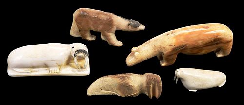 FIVE CARVED INUIT MARINE IVORY