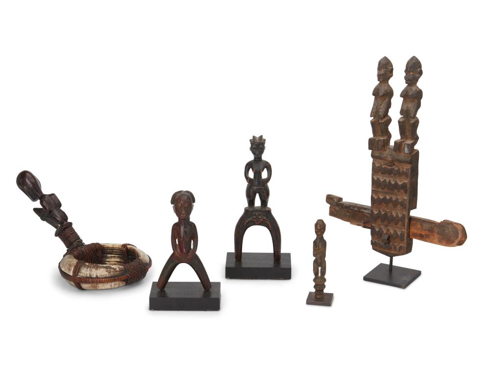 FIVE CARVED WOOD AND BONE