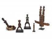 FIVE CARVED WOOD AND BONE FIGU