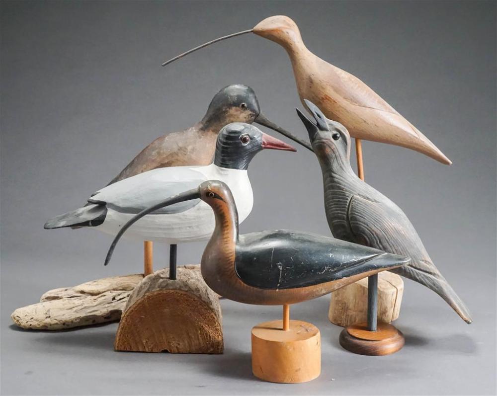 FIVE CARVED WOOD SHORE BIRDS, H