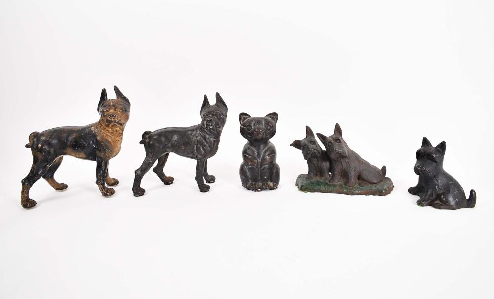 FIVE CAST IRON DOG AND CAT