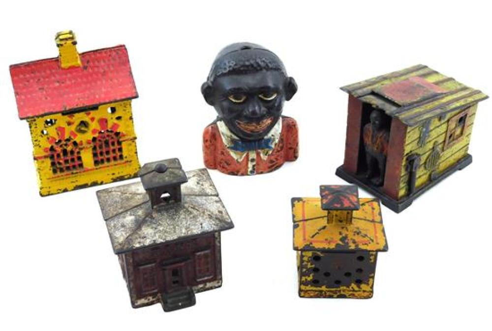 FIVE CAST IRON METAL BANKS, LATE