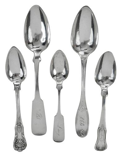 FIVE CHARLESTON COIN SILVER SPOONS,