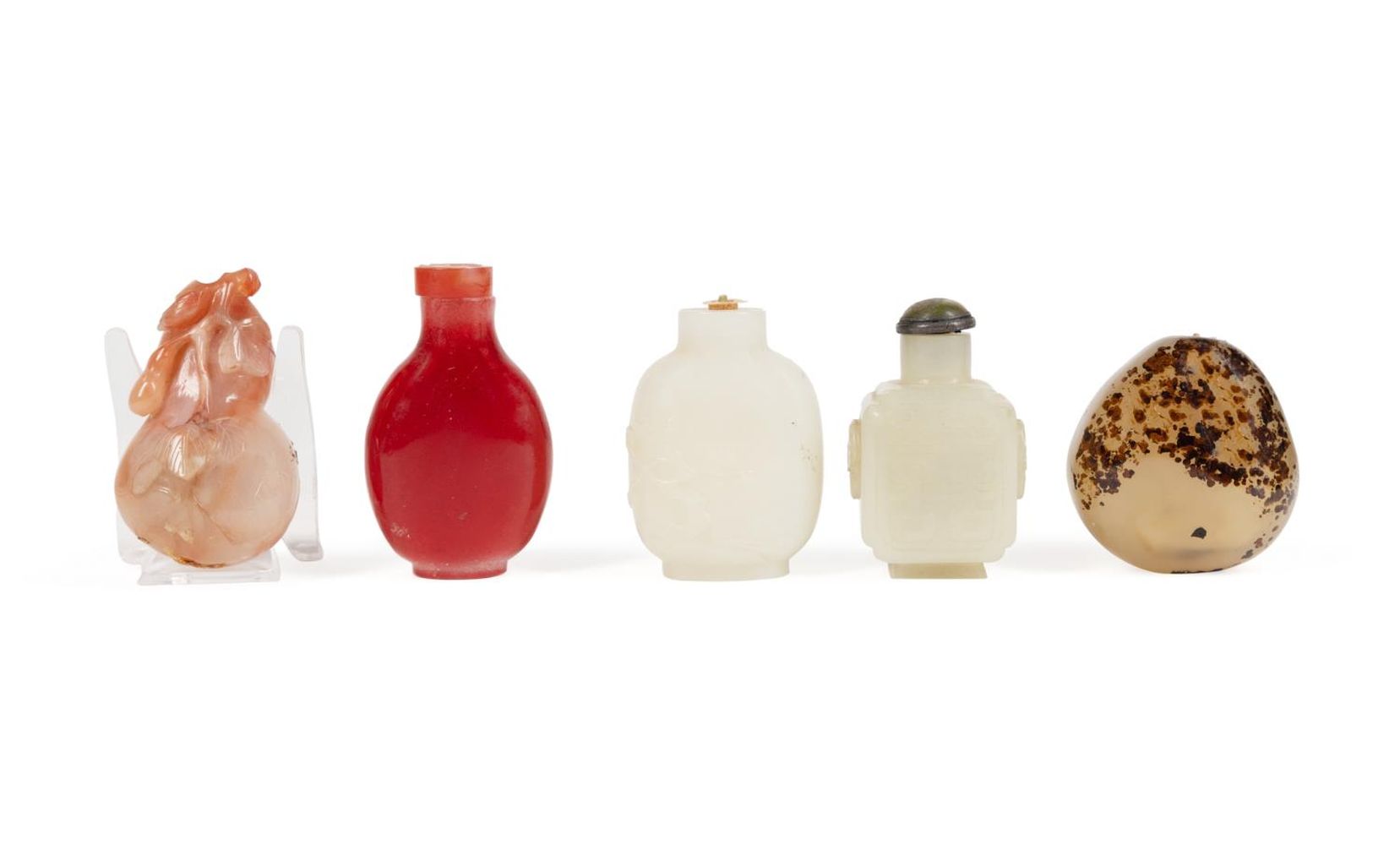 FIVE CHINESE CARVED STONE & GLASS