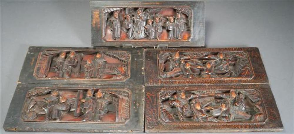 FIVE CHINESE CARVED WOOD PANELS, 14