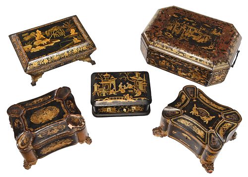 FIVE CHINESE EXPORT LACQUERED AND