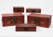 FIVE CHINESE RED LACQUER BOXES