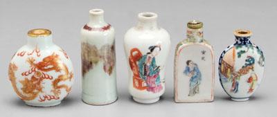 Five Chinese snuff bottles: one