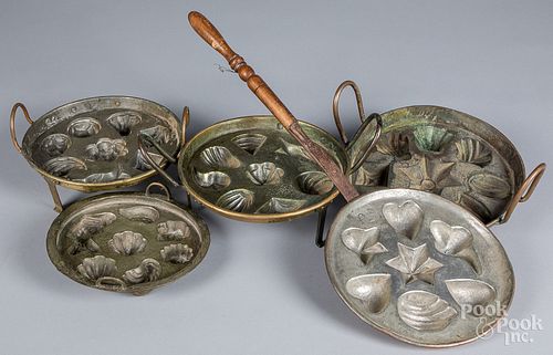 FIVE COPPER FOOD MOLDS, 19TH C.Five
