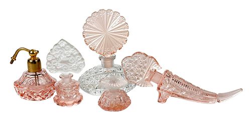 FIVE CZECH PINK AND WHITE CUT GLASS