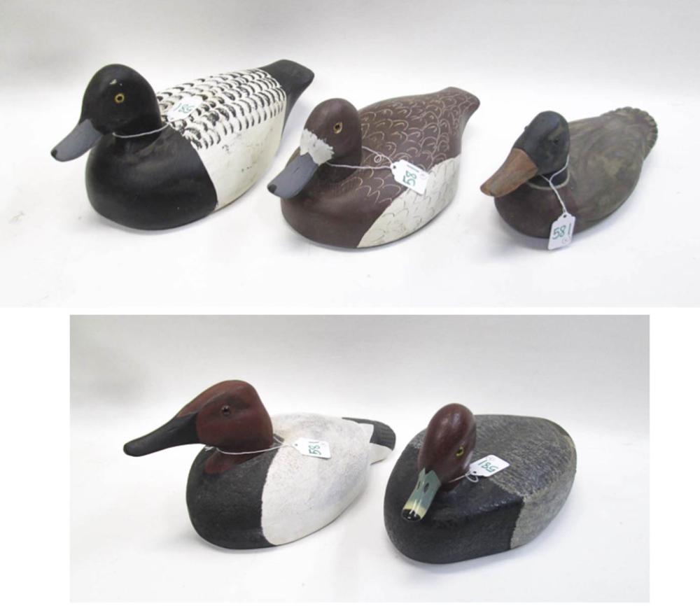 FIVE DECORATIVE CARVED DUCKS ALL