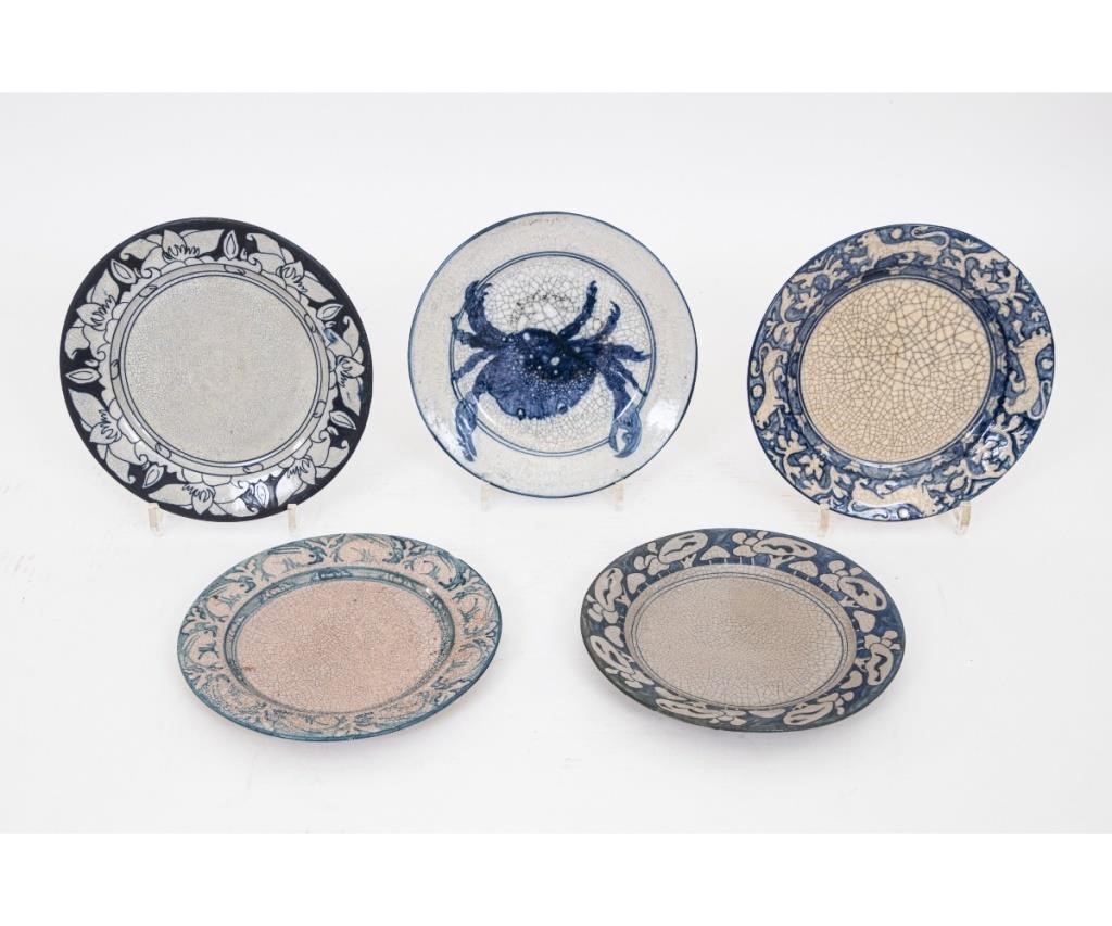Five Dedham crackleware plates to